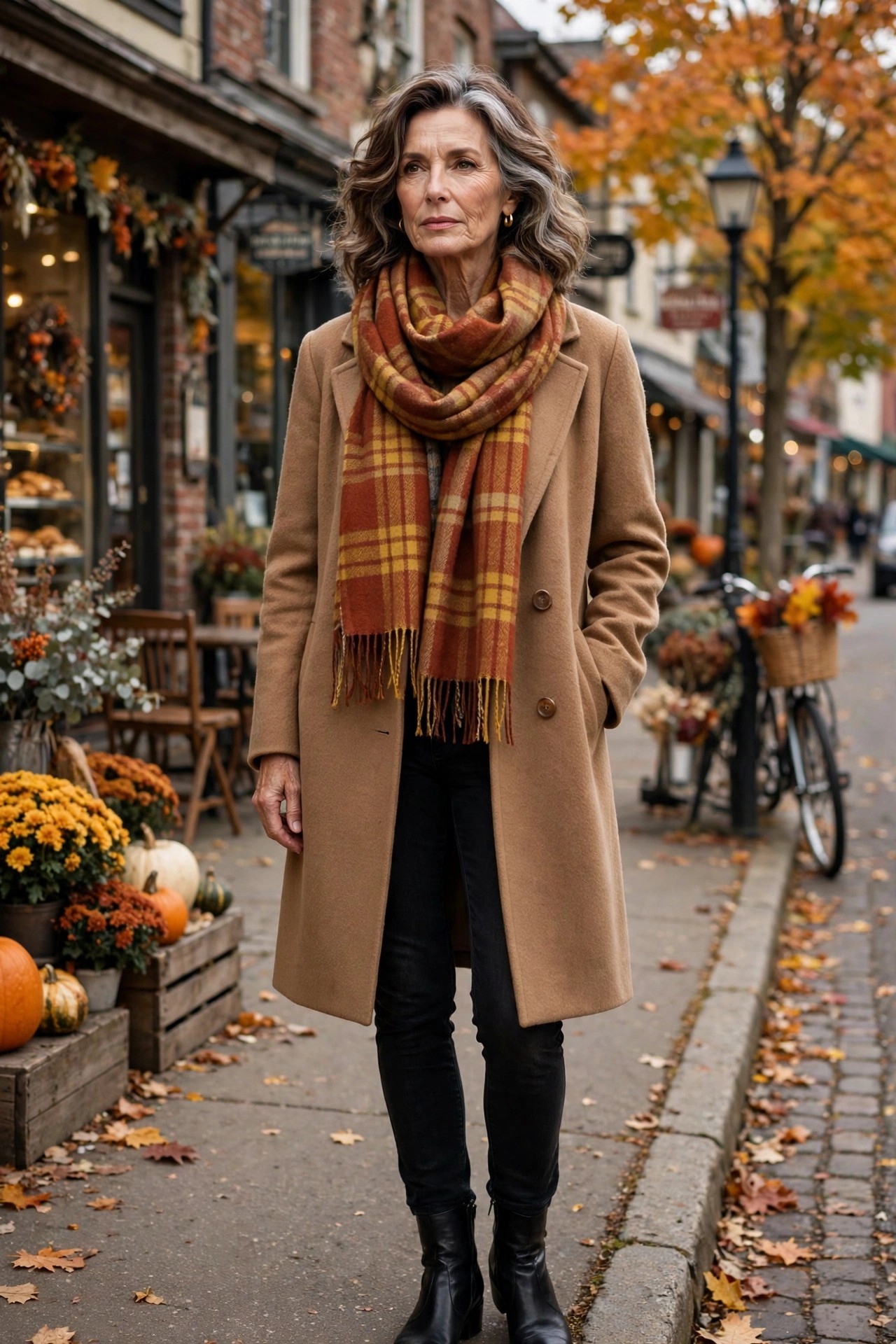 Woman in her 50s in a camel coat with a rust plaid blanket scarf on an autumn main street