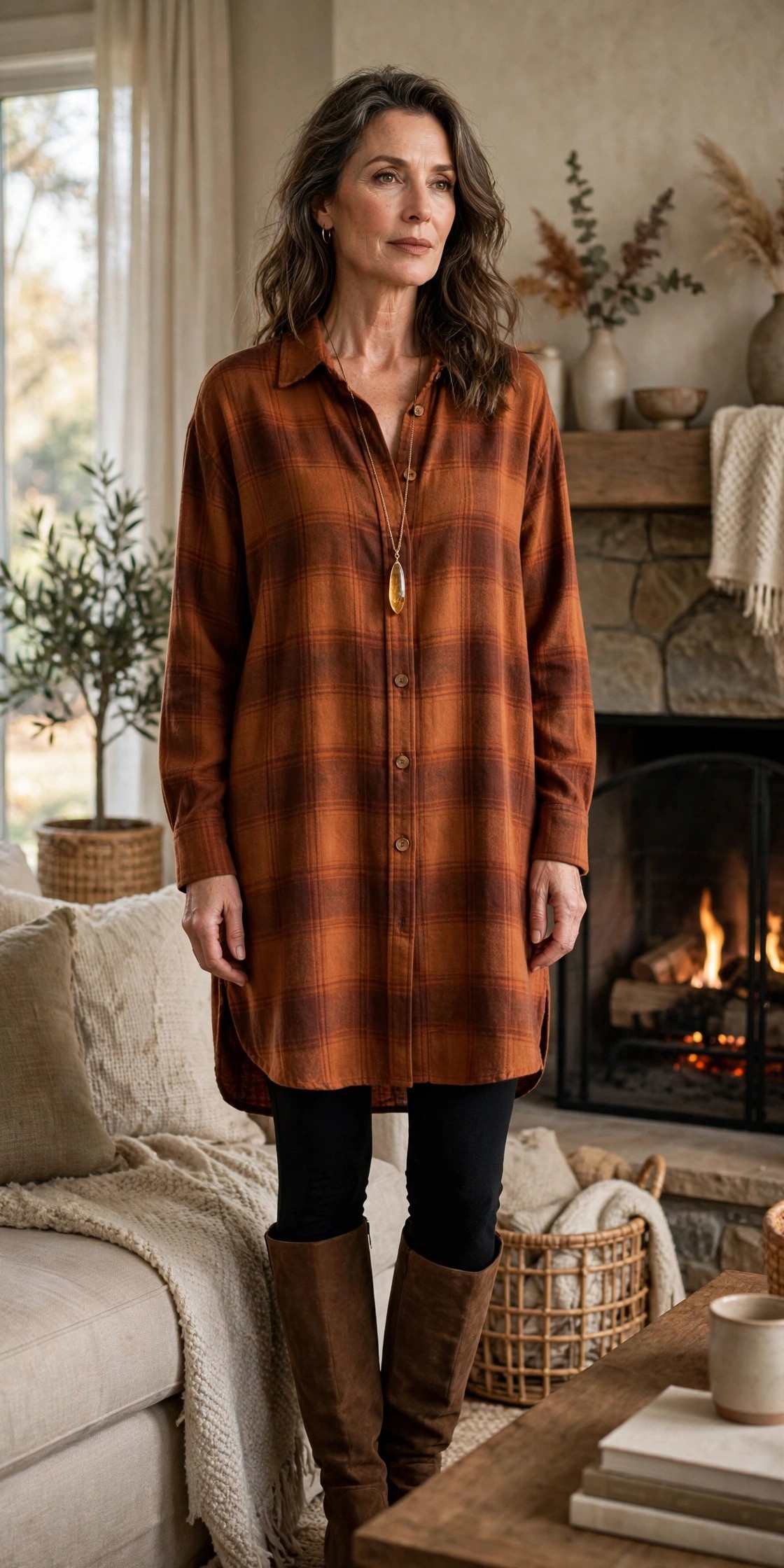 Woman over 50 in a rust flannel tunic and black leggings with knee-high boots by a fireplace