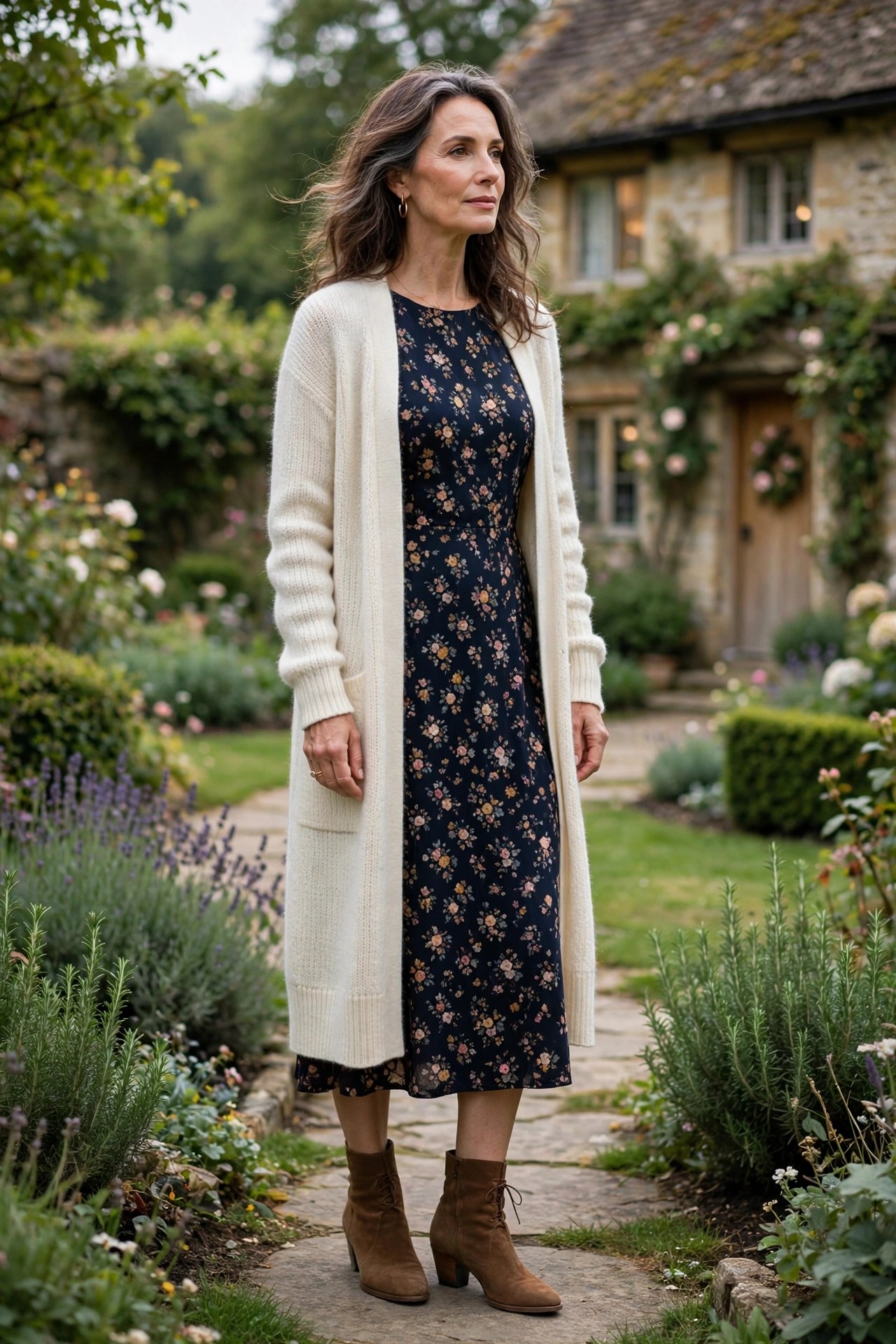 Elegant woman in her 50s in a floral midi dress with a long cream cardigan in a cottage garden