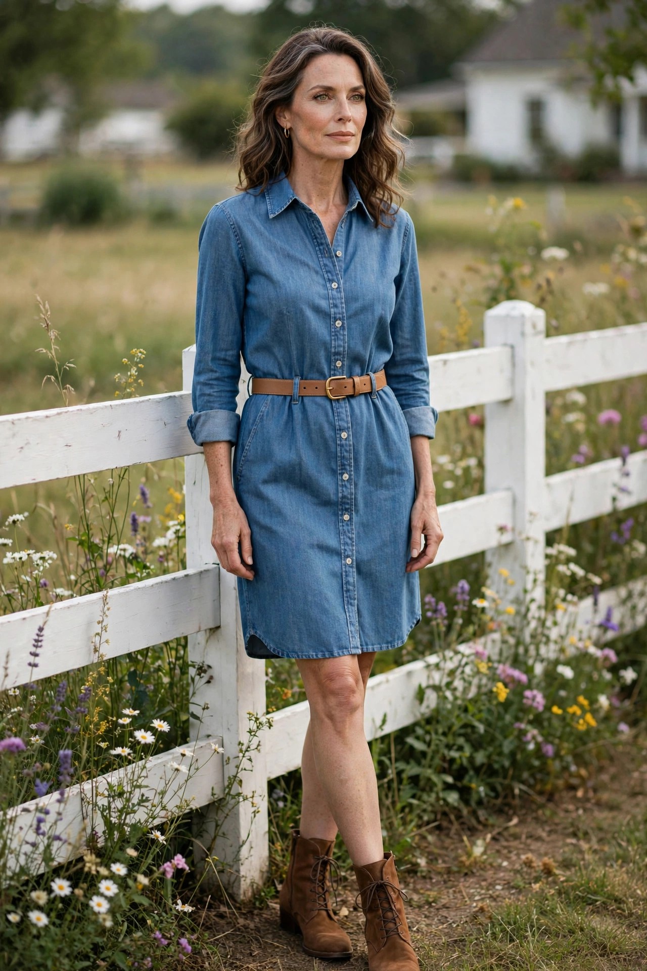 Mature woman in a chambray shirt dress with a tan belt by a white farmhouse fence