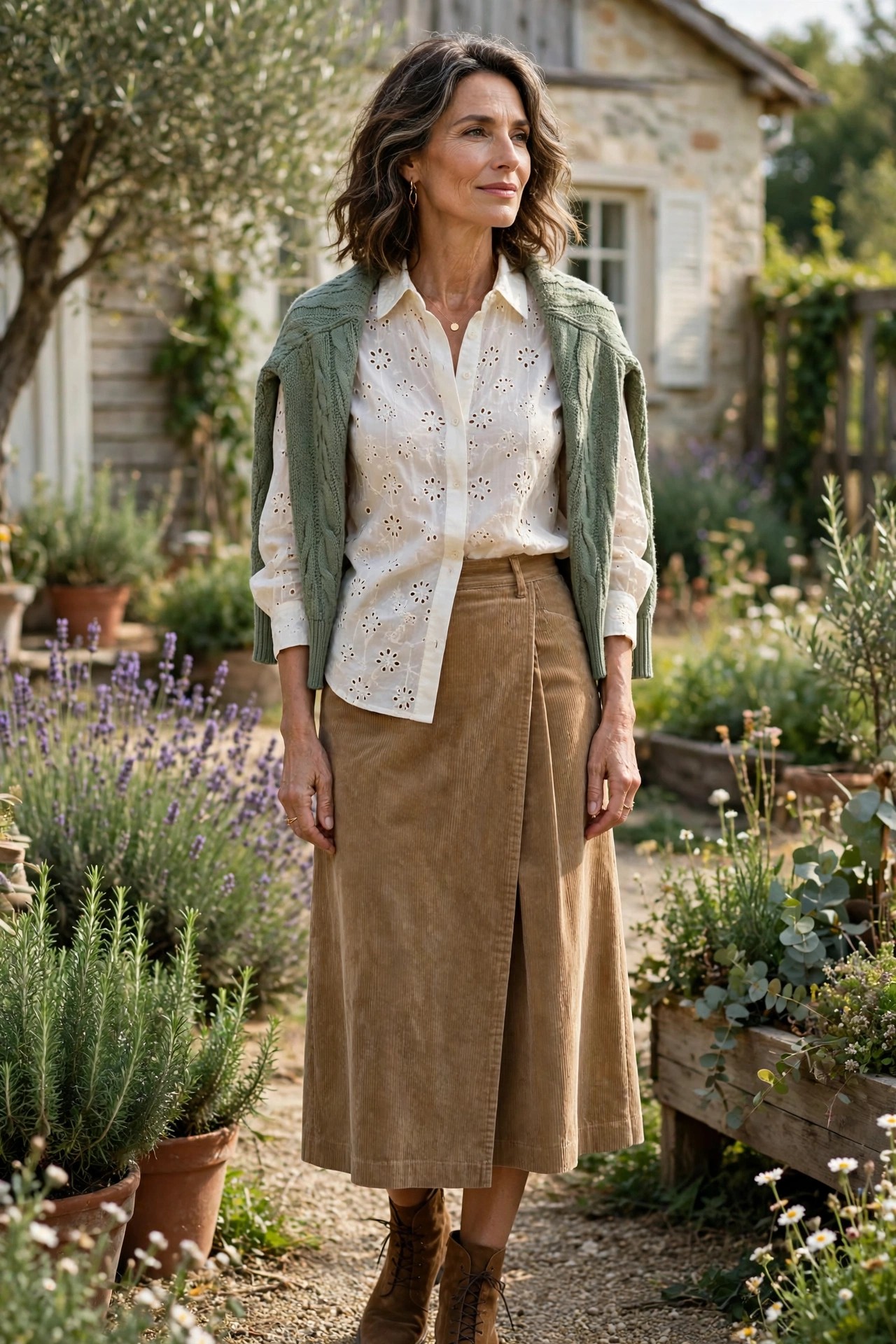 Woman over 50 in an ivory eyelet blouse and tan corduroy skirt in a farmhouse garden