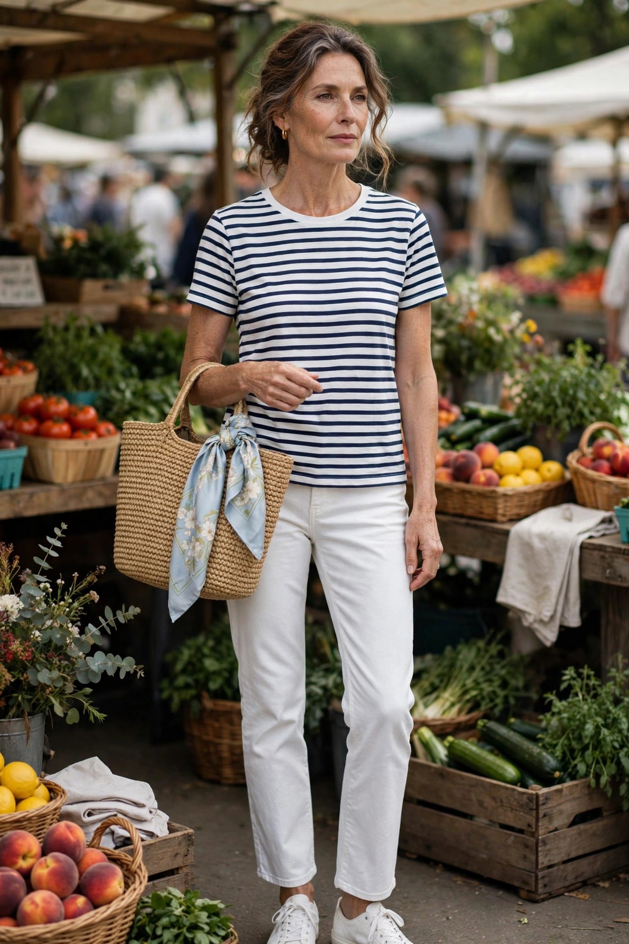Stylish woman in her 50s in a striped tee and white jeans with a woven tote at a farmers market
