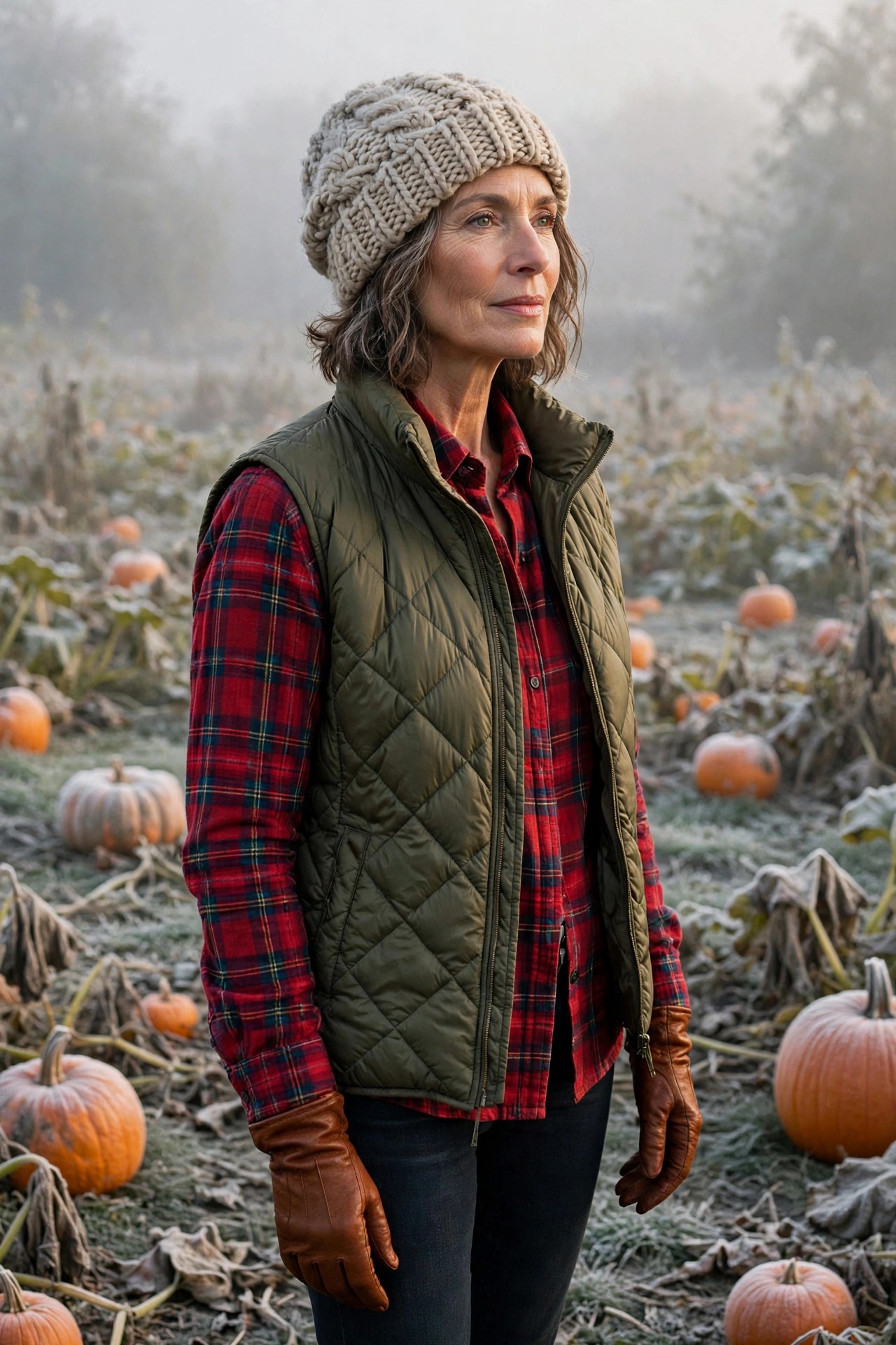 Woman in her 50s in a knit beanie and quilted vest over plaid at a frosty pumpkin patch