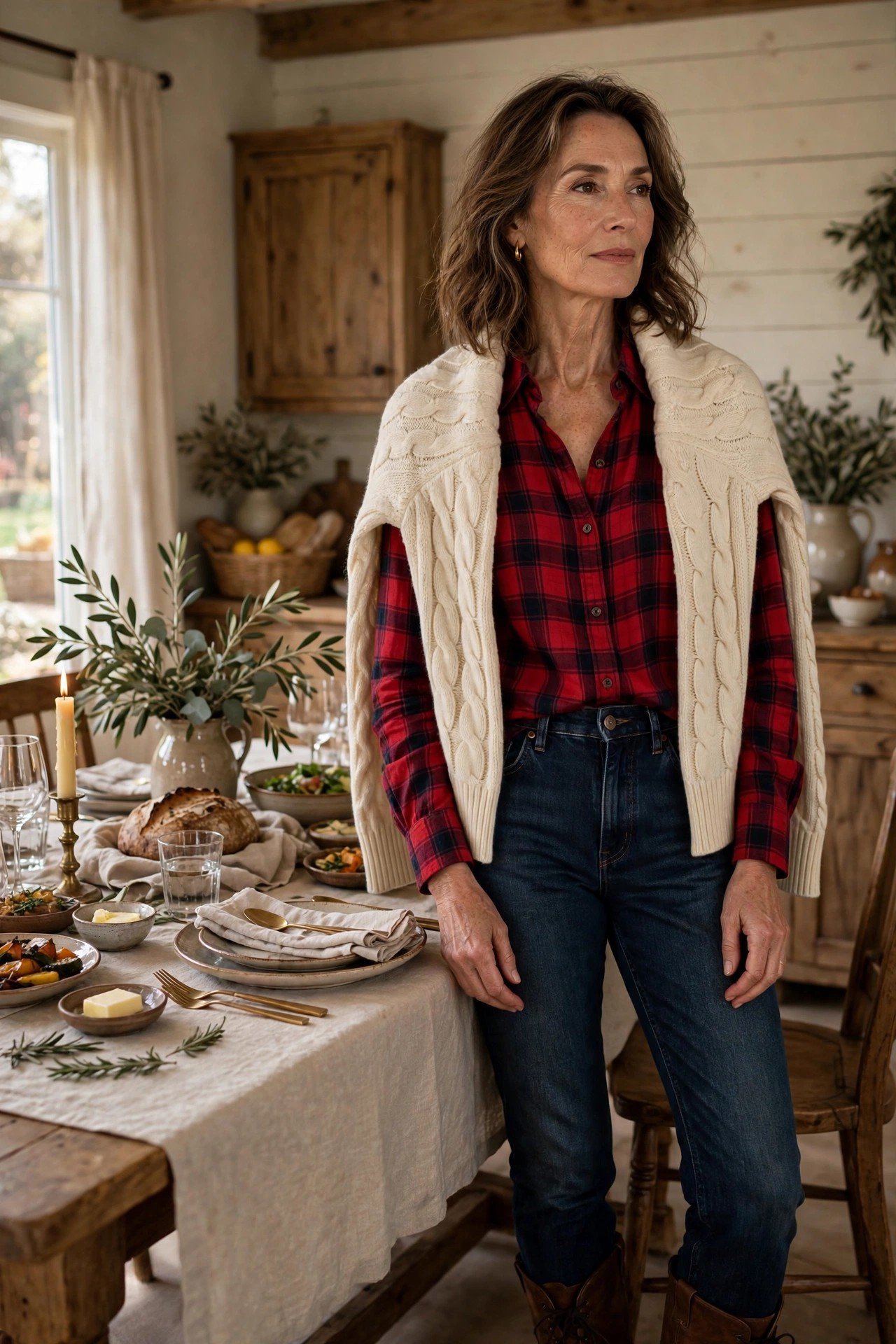 Elegant woman over 50 in a red plaid shirt with a cream sweater over her shoulders at Sunday dinner