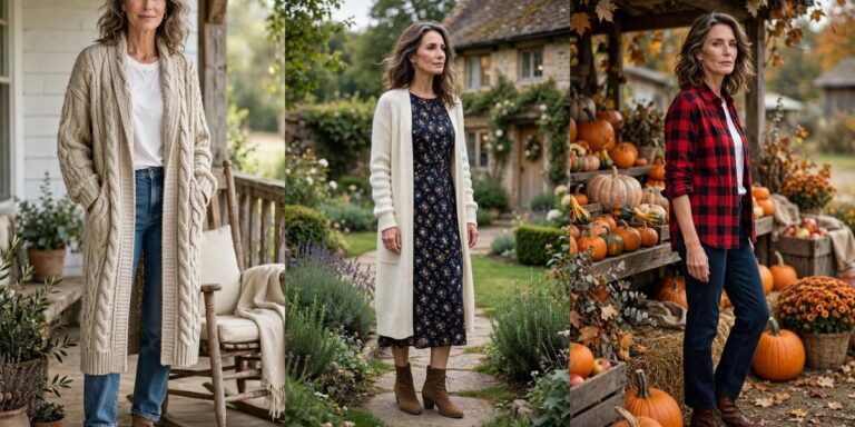 Farmhouse chic outfits for women over 50: chunky cardigan, floral dress and plaid shirt looks