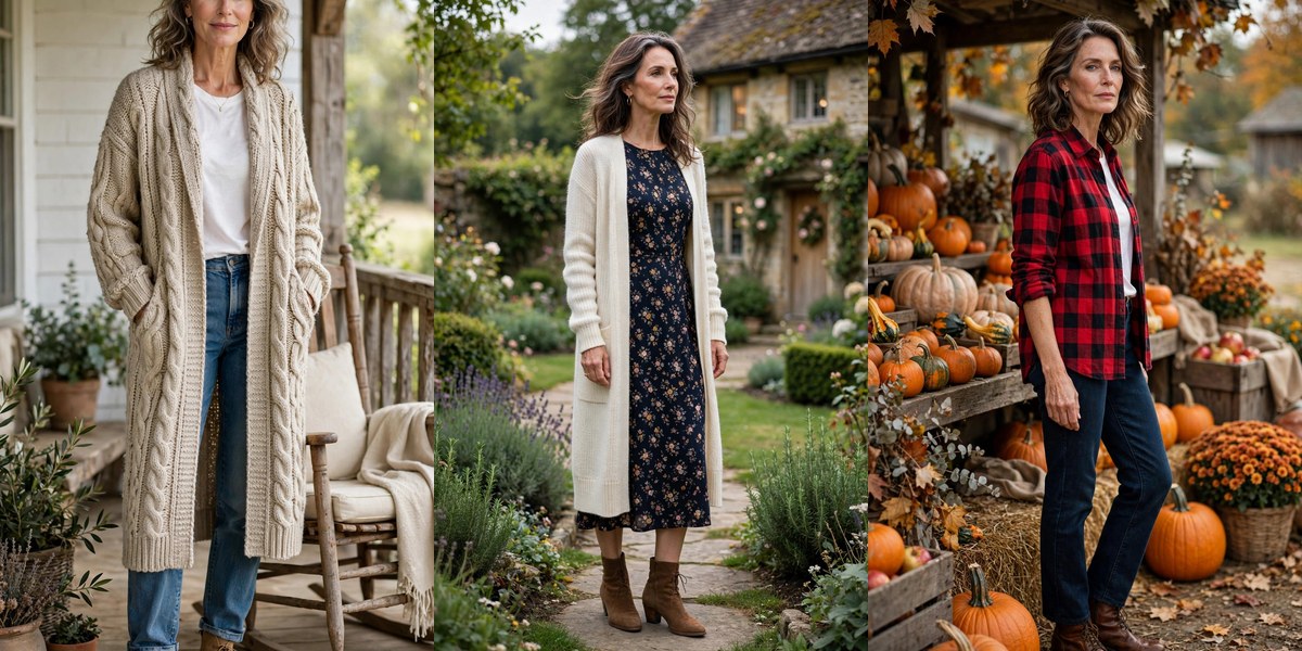 Farmhouse chic outfits for women over 50: chunky cardigan, floral dress and plaid shirt looks