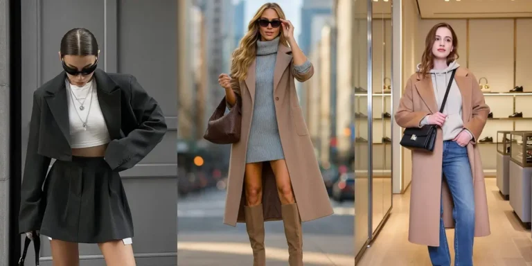 Three chic fall outfits — a black blazer with a pleated mini skirt, a long camel coat over a turtleneck sweater dress, and a long coat layered over a hoodie with jeans