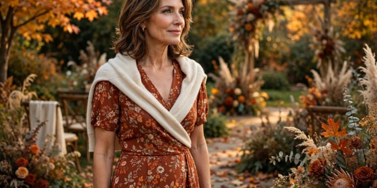What to wear to a fall wedding over 50 - elegant woman in rust floral midi dress
