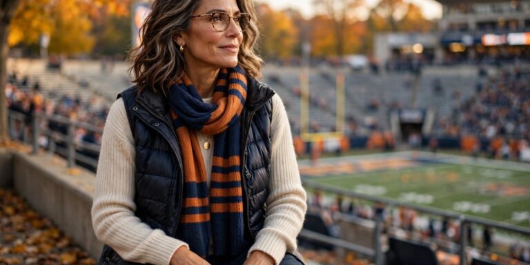 What to wear to a football game over 50 - woman in warm game day outfit