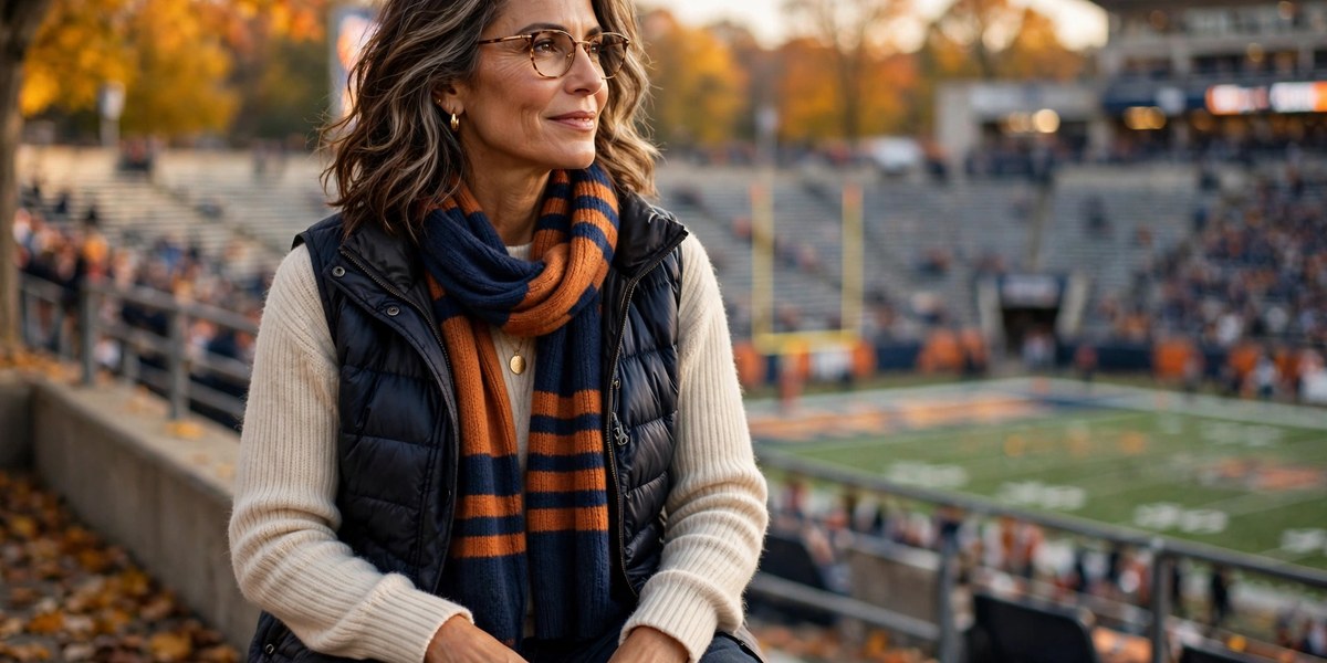 What to wear to a football game over 50 - woman in warm game day outfit