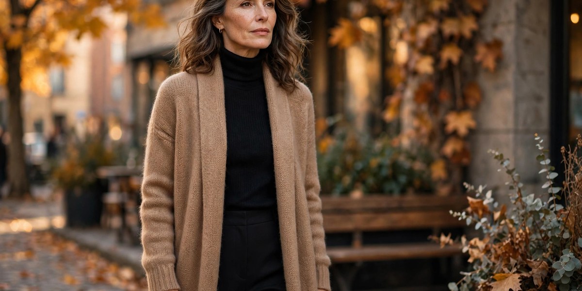 How to wear a long cardigan over 50 - elegant woman in camel duster cardigan