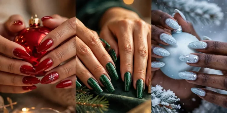 Acrylic Christmas nail ideas in a three-panel collage: glossy cherry red almond nails with a snowflake accent, emerald green glitter coffin nails with a gold accent, and icy blue almond nails with white snowflakes and silver frost glitter