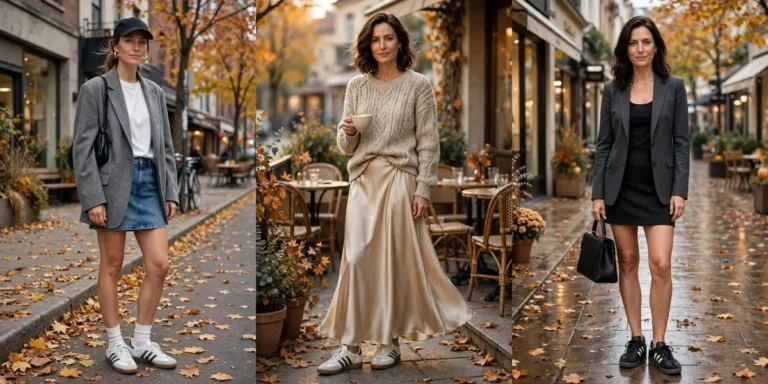 Adidas Sambas outfits for fall in a three-panel collage: a grey blazer with a denim mini skirt and white sneakers, a cozy sweater with a satin maxi skirt, and a charcoal blazer with a black mini skirt and black sneakers
