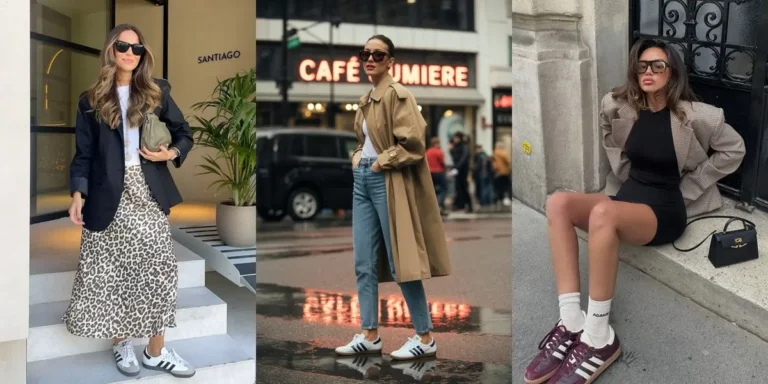 Three Adidas Samba outfit ideas — a black blazer with a leopard print skirt, a long trench coat with jeans, and a beige blazer over a black bodycon dress, all worn with Adidas Samba sneakers