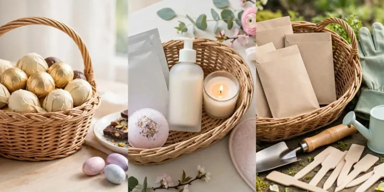 Adult Easter basket ideas in a three-panel collage: a basket of gourmet foil-wrapped chocolates with dark chocolate bark, a spa self-care basket with a bath bomb and candle, and a gardening kit basket with seed packets and a trowel