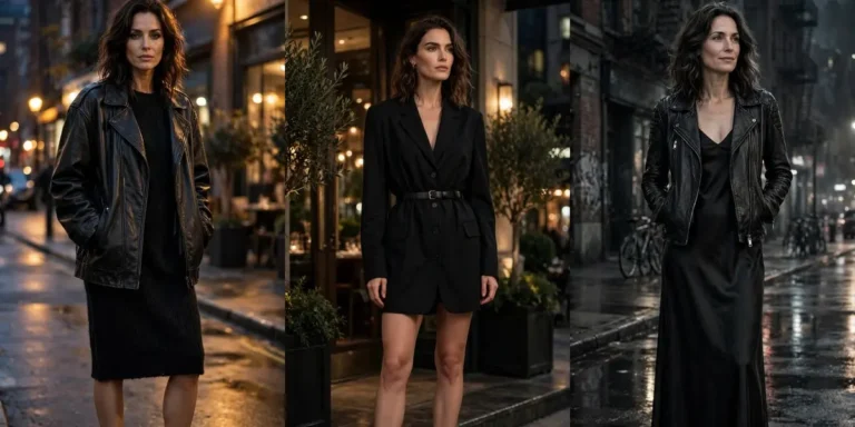 All-black outfit ideas on three women: an oversized leather jacket with a sweater dress, a blazer worn as a dress, and a leather jacket with a satin maxi dress