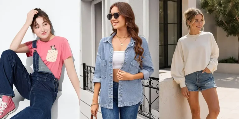 Three cute amusement park outfits — a pink Mickey Mouse tee with denim overalls, a denim shirt over a white tube top with jeans, and a cream oversized sweatshirt with denim shorts