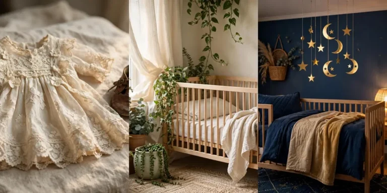Three nursery scenes celebrating unique baby girl names: an antique lace baby dress on linen, a botanical wooden-crib corner, and a gold moon-and-star mobile over a crib