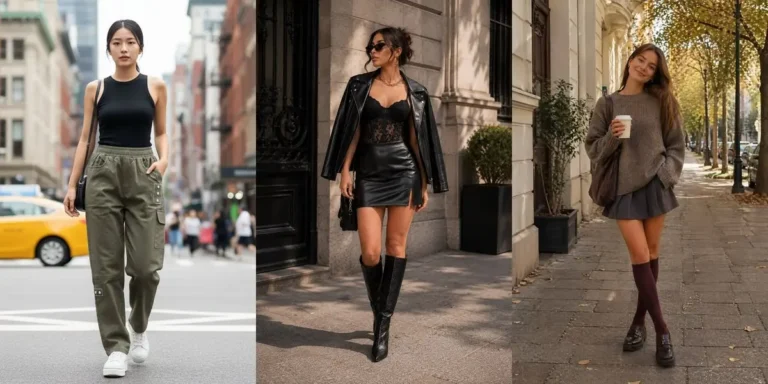 Three cute back to school outfit ideas — a black tank top with olive cargo pants, a black leather jacket over a lace top and leather mini skirt, and a cozy taupe sweater with a pleated mini skirt and knee-high socks
