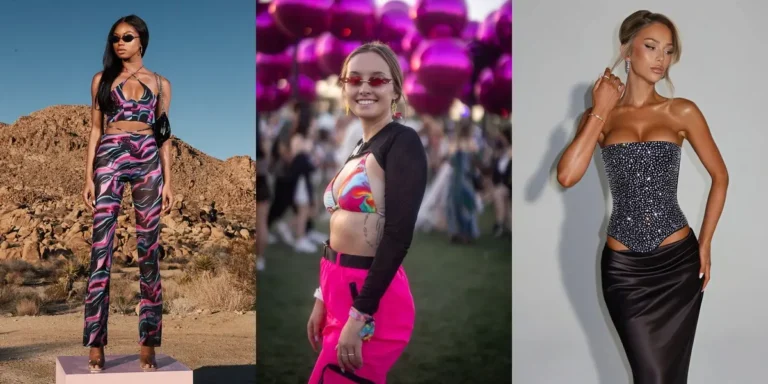 Three Bad Bunny concert outfit ideas — a pink and black swirl print crop top with matching pants, a colorful bikini top with hot pink pants at a festival, and a rhinestone corset with a black satin skirt