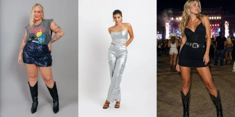 Three baddie concert outfit ideas — a graphic tee with a navy sequin skirt and cowboy boots, a silver metallic corset with cargo pants, and a black mini dress with studded cowboy boots