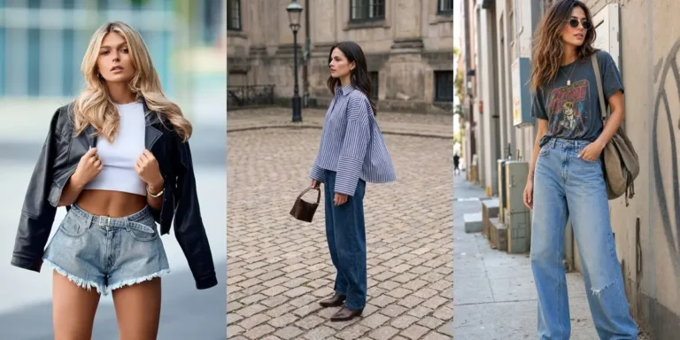 Three baggy outfit ideas — a leather jacket with a white crop tee and denim shorts, a blue striped oversized shirt with baggy jeans, and a graphic tee with washed baggy jeans