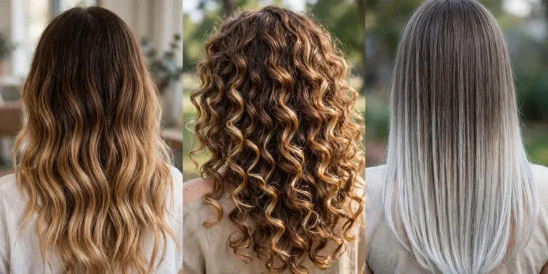 Brown to blonde balayage ideas in three panels: long wavy hair with deep brown roots melting into honey blonde ends, curly hair with warm blonde balayage, and ash brown roots into icy blonde ends