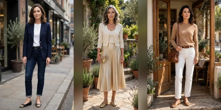 Ballet flat outfits in three polished looks: a navy blazer with cuffed slim jeans and cap-toe flats, a pleated champagne midi skirt with gold metallic flats, and white trousers with a camel knit and tan flats
