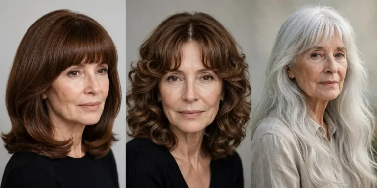 Hairstyles with bangs for older women in a three-panel collage: a chestnut-brown blowout with a full fringe, soft brown curls with curtain bangs, and long silver hair with soft bangs
