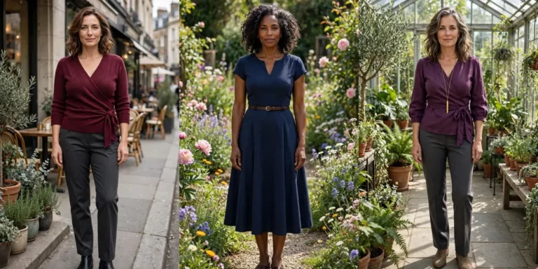 Best clothes for big busts in three flattering looks: a burgundy V-neck wrap knit top with charcoal trousers, a navy fit-and-flare midi dress with a slim belt, and a plum wrap top with a long pendant necklace and straight-leg trousers