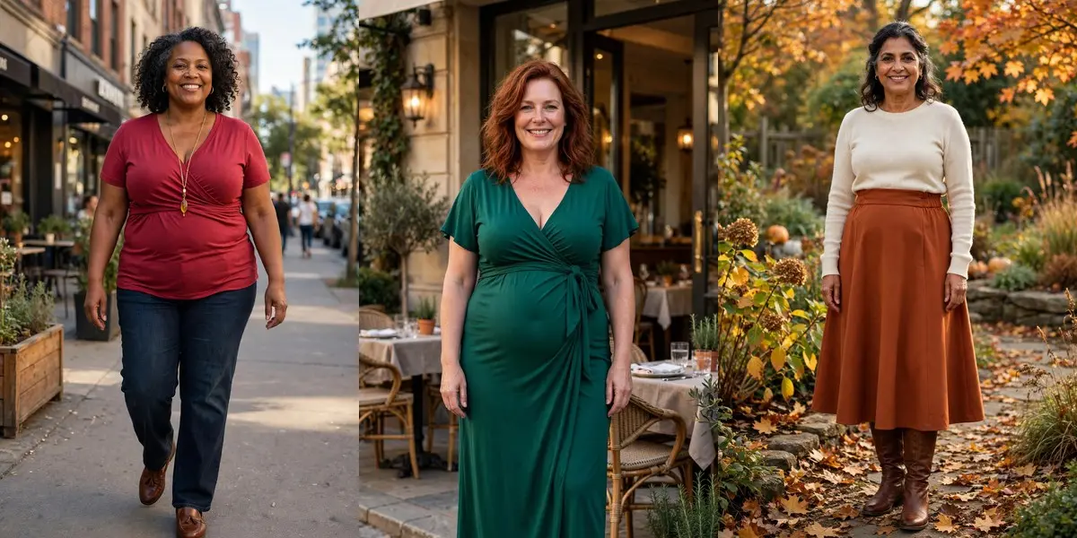 What to wear if you have a big belly in a three-panel collage: a wrap top with jeans, a wrap dress, and an A-line midi skirt outfit