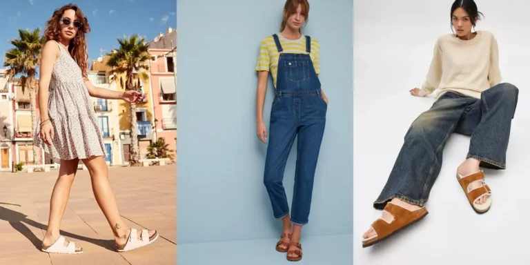Collage of three Birkenstock outfits: a woman in a floral flared mini dress with white Arizona sandals, a woman in denim dungarees over a striped tee with brown sandals, and a woman in a cream knit sweater and wide-leg jeans with cognac Arizona sandals