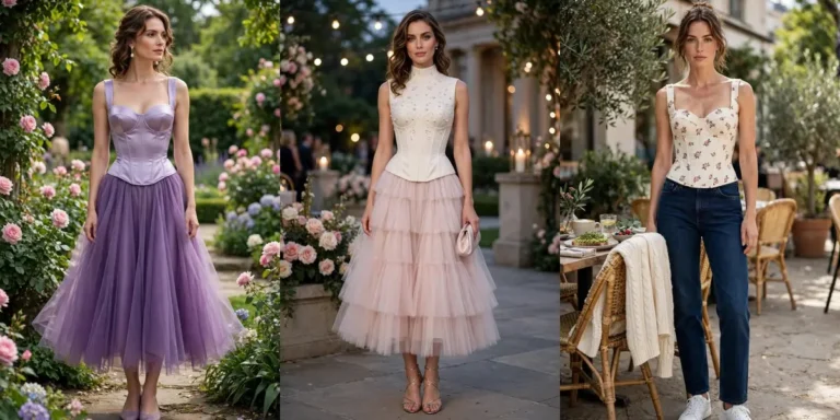 Three romantic Bridgerton-inspired looks side by side: a lavender satin corset with a flowing tulle skirt, an ivory pearl-embellished corset with a blush tulle skirt, and a cream floral corset top with dark indigo jeans