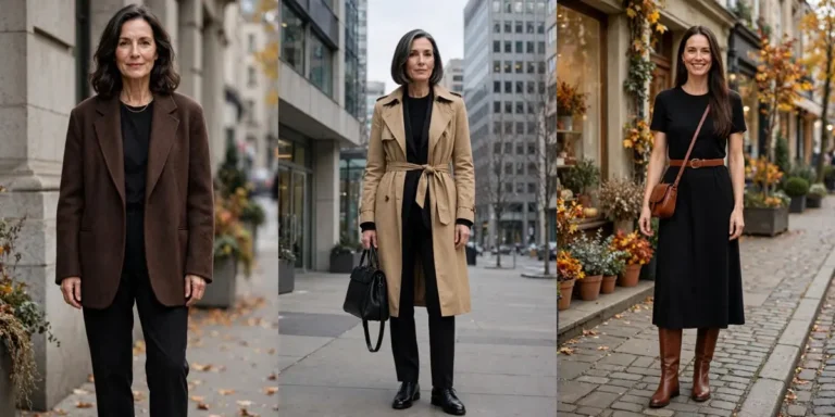 Three classy brown and black outfit combinations side by side: a chocolate blazer over black, a tan trench over a black suit, and a black midi dress with cognac belt, bag and boots