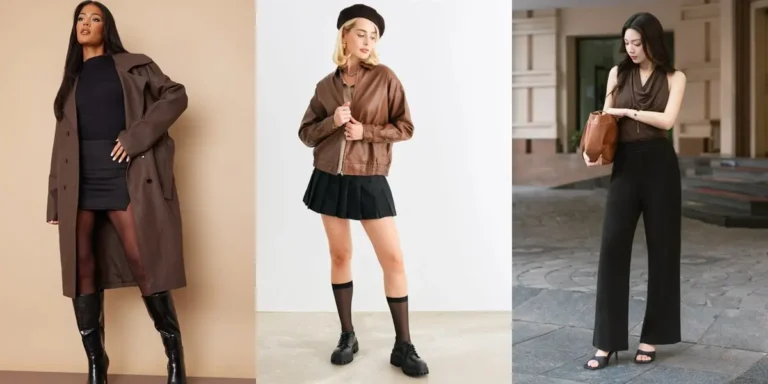 Three brown and black outfit ideas — a brown trench coat over a black mini dress with knee-high boots, a brown leather jacket with a black pleated tennis skirt, and a brown tank top with black wide-leg pants