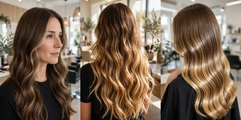 Brown to blonde balayage ideas in a three-panel collage: soft blonde face-framing pieces on long wavy brown hair, warm golden sun-kissed balayage waves seen from the back, and a glossy balayage with a mirror-shine finish