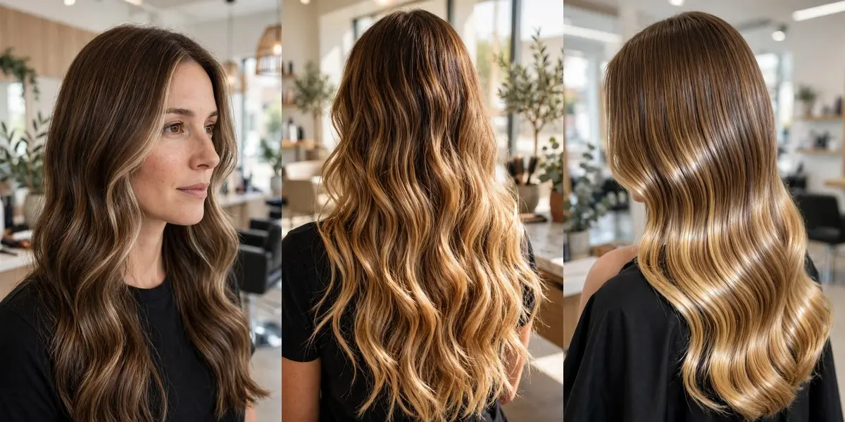 Brown to blonde balayage ideas in a three-panel collage: soft blonde face-framing pieces on long wavy brown hair, warm golden sun-kissed balayage waves seen from the back, and a glossy balayage with a mirror-shine finish