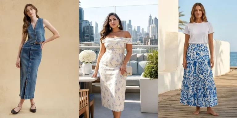 Three brunch outfit ideas — a denim vest top with a denim midi skirt, a white floral off-shoulder midi dress on a rooftop terrace, and a white t-shirt with a blue floral maxi skirt