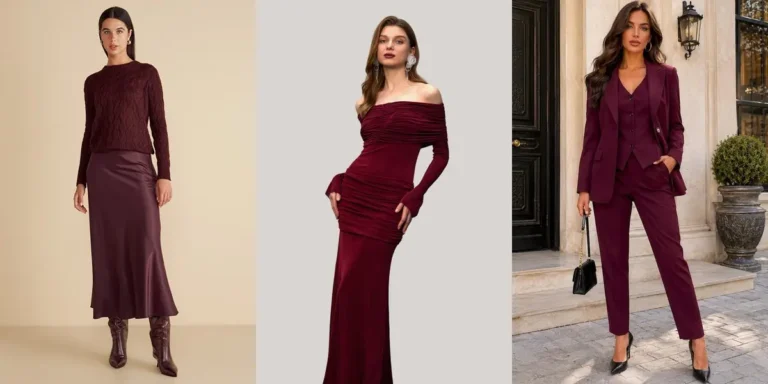 Collage of three burgundy outfits: a woman in a burgundy cable-knit pullover with a matching satin midi skirt, a woman in a burgundy off-shoulder ruched maxi dress, and a woman in a tailored burgundy blazer co-ord suit with vest and pants