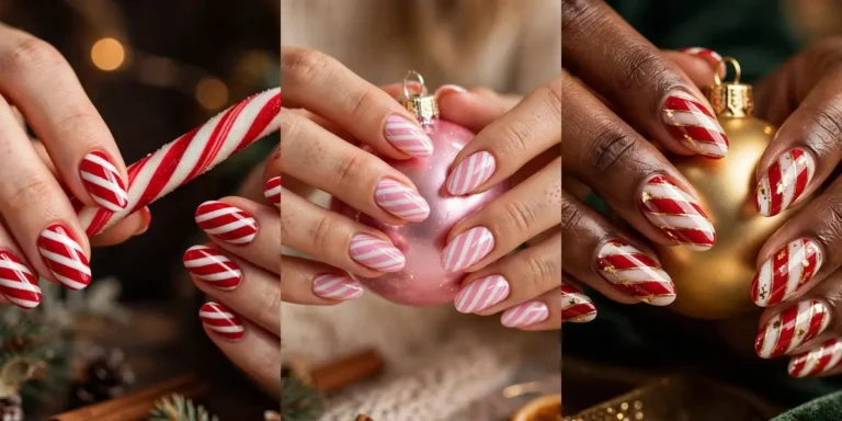 Candy cane nail ideas in a three-panel collage: classic red and white diagonal stripes on the left, pink and white candy cane stripes in the centre, and red and white stripes with gold foil accents on the right