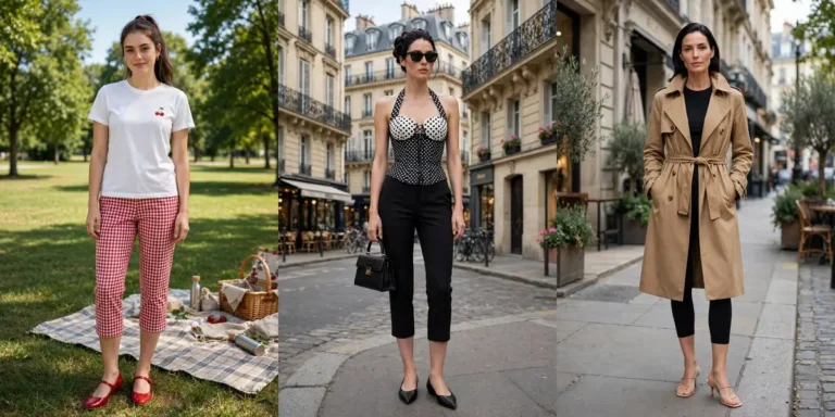 Three chic capri outfits side by side: red gingham capri pants with a cherry tee, a polka dot corset with black capris, and a belted camel trench over capri leggings
