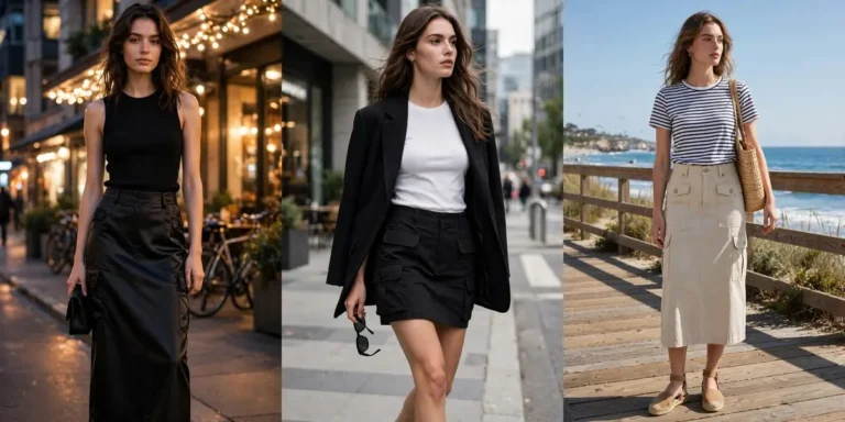 Cargo skirt outfits in a three-panel collage: a night-out neutral look, a street sleek outfit, and a coastal cargo skirt look