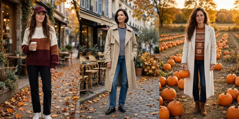 Collage of three casual fall outfits: a chunky cream, rust and burgundy color-block sweater with black pants and a burgundy cap outside a café; a striped Breton top under a beige trench coat with jeans and loafers on a Parisian street; and a long cream coat over a rust Fair Isle sweater with dark jeans in a pumpkin patch