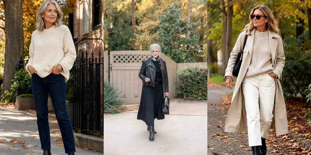 Three women over 50 wearing Chelsea boots — with jeans and a cream knit, a black pleated midi skirt, and white jeans with a trench coat