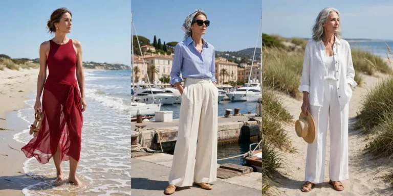 Chic beach outfits on three women: a crimson swimsuit bodysuit with a flowing chiffon sarong, a pinstripe yacht shirt with cream trousers and a silk headscarf, and an all-white linen beach outfit