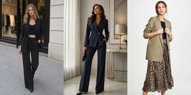 Three chic business casual outfits — a black co-ord set, a navy power suit, and a plaid blazer with a leopard print midi skirt