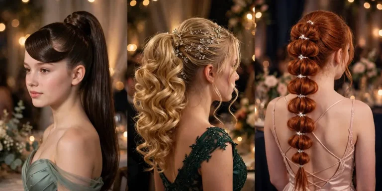 Chic prom hairstyles in a three-panel collage: a sleek dark ponytail with a bold swoop bang, a golden curled ponytail with a sparkling crystal hair vine, and a copper bubble braid with crystal clips down its length