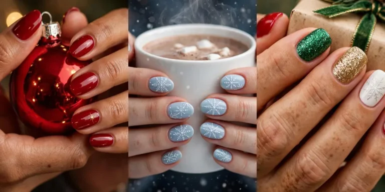 Christmas nail ideas in a three-panel collage: glossy cherry red nails with a tiny gold star holding a red bauble, pale icy blue nails with white snowflakes around a mug of cocoa, and a festive mix-and-match manicure with red, green glitter, gold glitter, snowflake and candy cane stripe nails