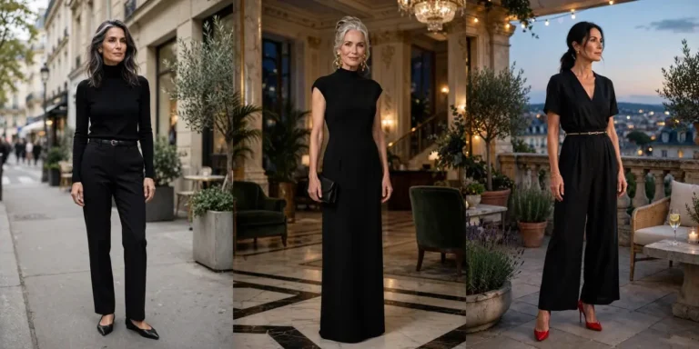 Three classy all-black outfits side by side: a black turtleneck with straight trousers, a floor-length black column dress, and a black jumpsuit with red heels