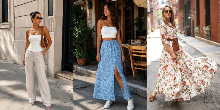 Three clean girl outfit ideas — a white tube top with beige tailored pants, a white crop top with a blue floral maxi skirt, and a white floral flowy maxi dress with a tan belt